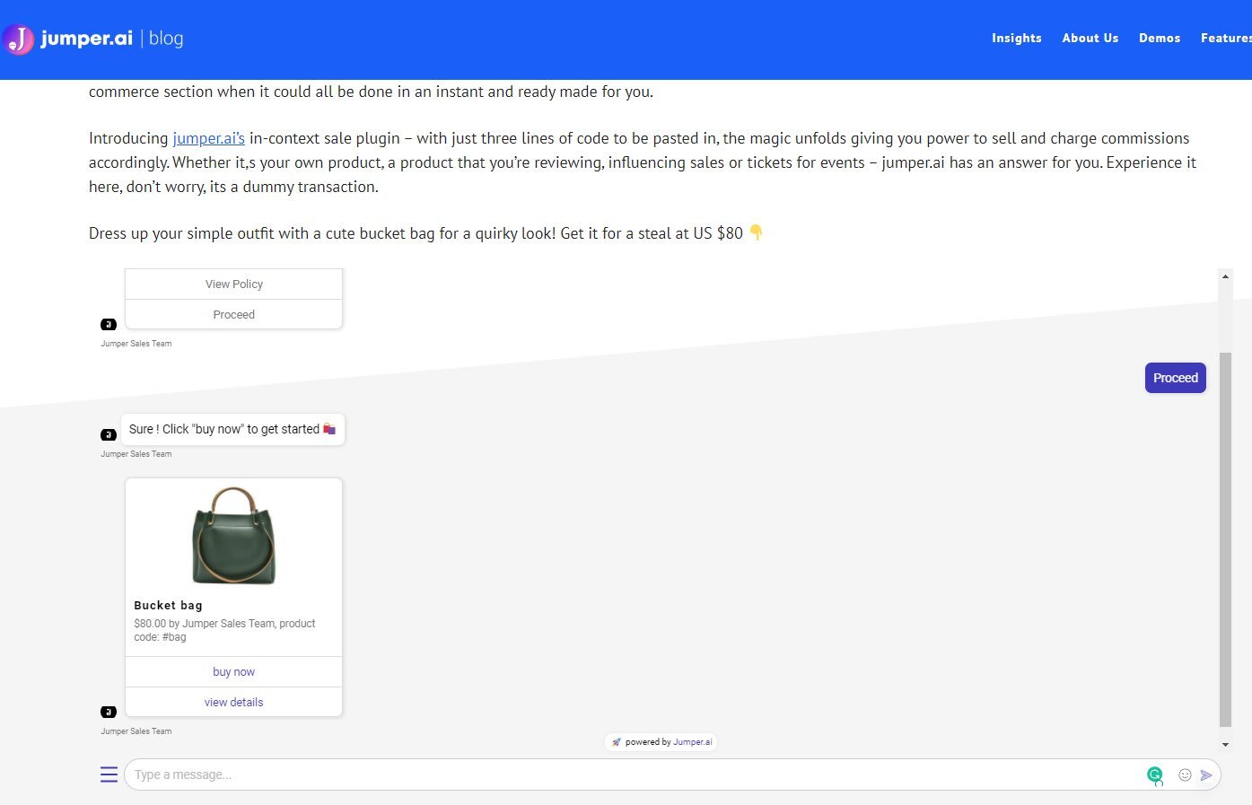 웹사이트 플러그인 예, Jumper.ai: Conversation Checkout Plugin