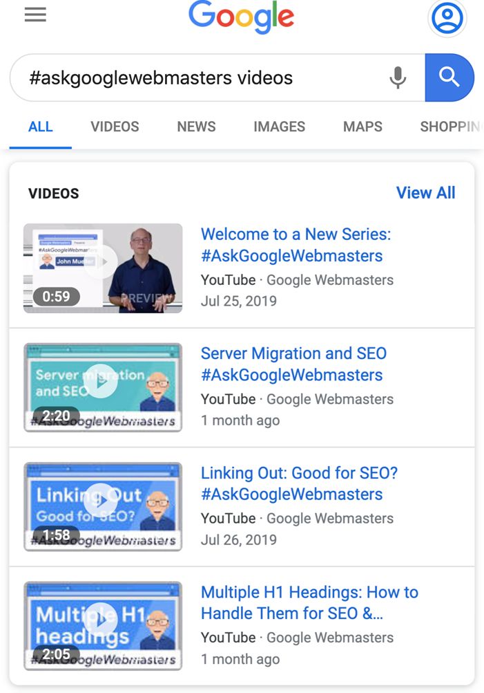 Risultati di ricerca di Google per i video dei web master di Google.