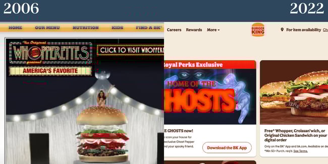 Site-uri web nostalgice: Burger King. Partea stângă a imaginii arată pagina de pornire nostalgică din 2006, iar partea dreaptă a imaginii arată actualizarea din 2022.
