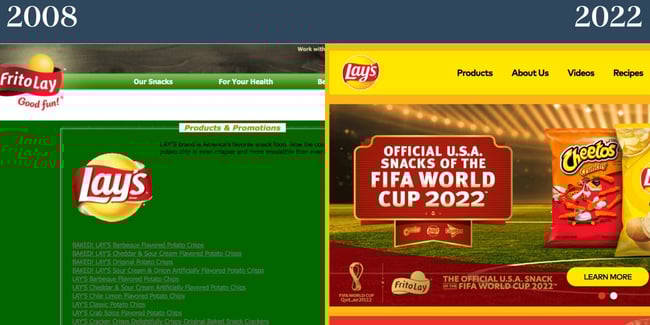 Site-uri web nostalgice: Lay's. Stânga prezintă o imagine a site-ului din 2008, iar dreapta prezintă o imagine a site-ului din 2022. Stânga are fundal verde și contrast slab al textului, dreapta prezintă binecunoscuta culoare galbenă a lui Lay.