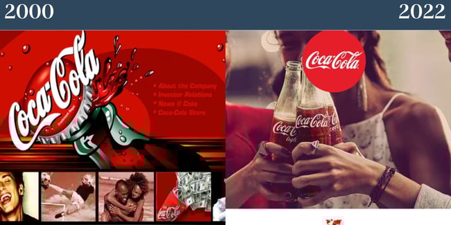 Site-uri web nostalgice: Coca Cola. Left prezintă site-ul lor din 2000, care este remarcabil înaintea timpului său. Dreapta prezintă site-ul din 2022.