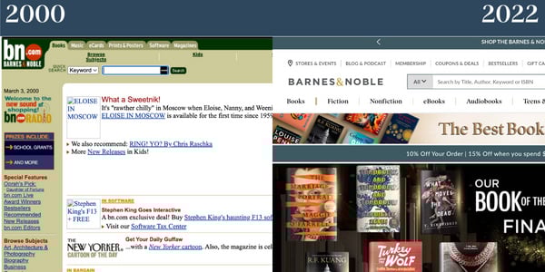 Site-uri web nostalgice: Barnes and Noble. Stânga prezintă site-ul web mai vechi al B&N, partea dreaptă prezintă site-ul Barnes and Noble astăzi.