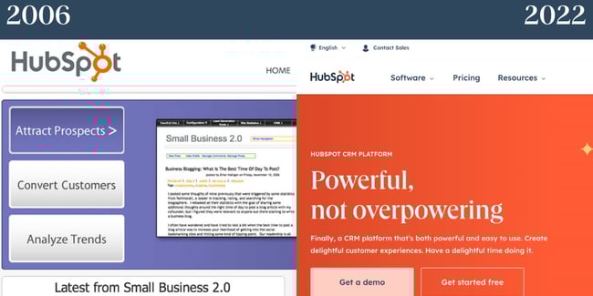 Site-uri web nostalgice: HubSpot în 2006 este afișat lângă pagina principală a HubSpot în 2022.