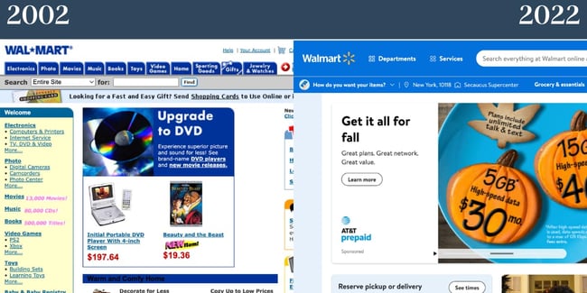Site-uri web nostalgice: Walmart. Versiunea anterioară a site-ului Walmart este afișată lângă omologul său din 2022.