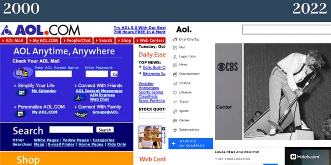 Site-uri web nostalgice: AOL. Partea stângă arată AOL în 2000, partea dreaptă arată AOL în 2022.