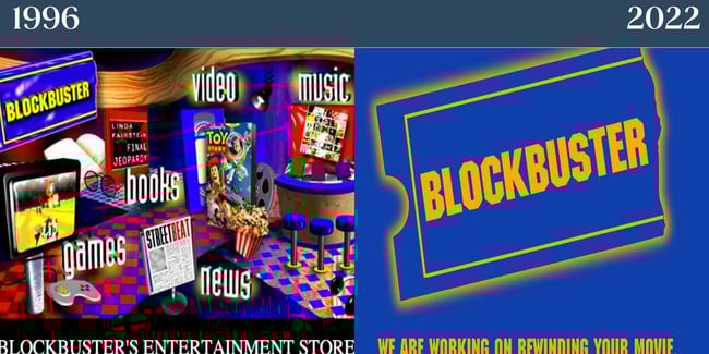Site-uri web nostalgice: Blockbuster. Stânga: arată site-ul web în anii 1990, în perioada de vârf a companiei. În dreapta arată site-ul acum, în 2022.
