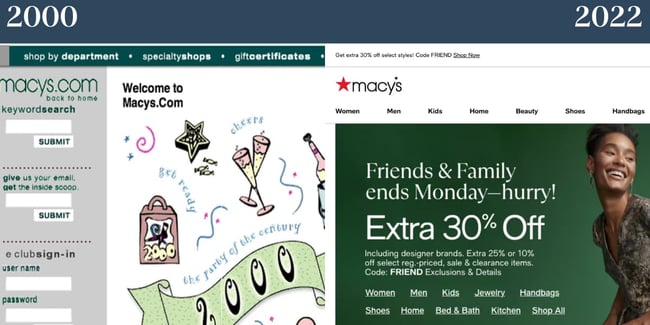 Site-uri web nostalgice: Macy's. Partea stângă arată Macy's din 2000, iar partea dreaptă arată Macy's în 2022.