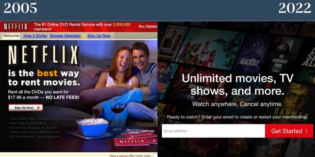 Site-uri web nostalgice: Netflix. În stânga este pagina de pornire din 2005, iar în dreapta este pagina de pornire din 2022.