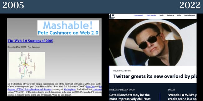 Site-uri web nostalgice: Mashable în 2005, comparativ cu pagina de pornire Mashable în 2022.