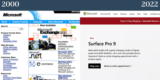 Site-uri web nostalgice: se compară pagina de pornire a Microsoft din anii 2000 și 2022.