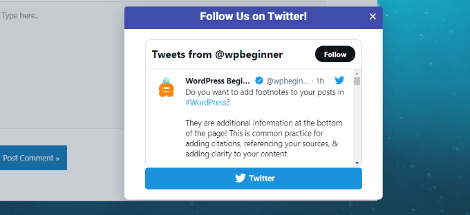 Pratinjau popup halaman Twitter