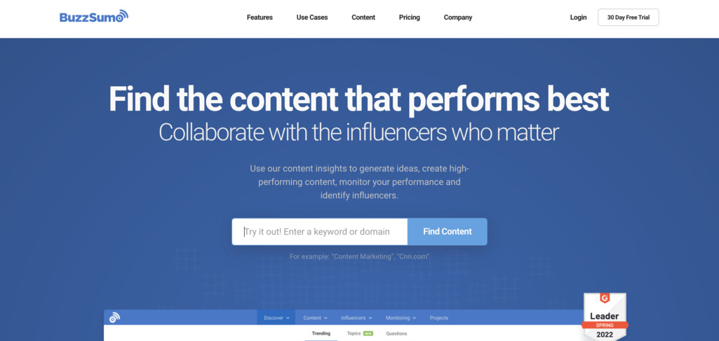 Buzzsumo 內容管理工具主頁