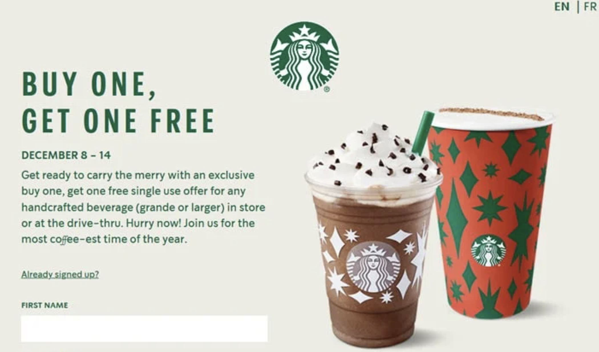 Sorteio de fim de ano Compre 1-Leve 1 na Starbucks