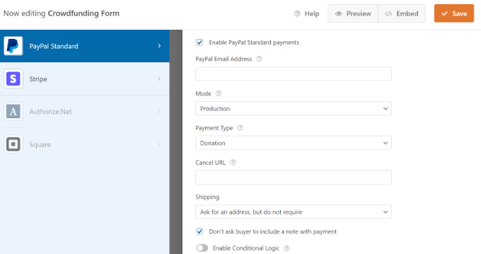 Дополнительные настройки оплаты в WPForms