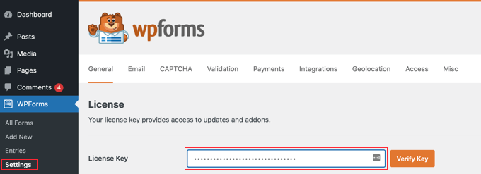 Посетите страницу WPForms »Настройки, чтобы ввести лицензионный ключ
