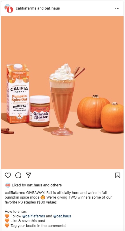 針對小型企業的 instagram 營銷、Califia Farms 和 Oat Haus 合作提供贈品，作為其 Instagram 營銷策略的一部分。
