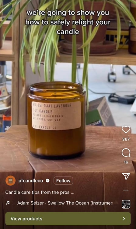 小型企業的 instagram 營銷，來自 P.F. 的 Instagram Reels Candle Co. 有一根蠟燭和文字覆蓋，上面寫著“我們將向您展示如何安全地重新點燃您的蠟燭。”
