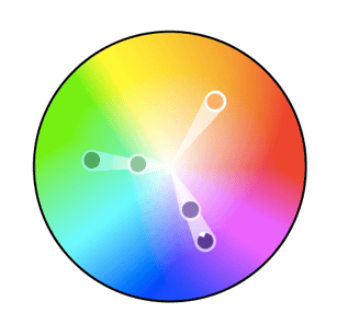 Roda warna dengan tiga warna triadik yang diplot antara ungu, hijau, dan jingga