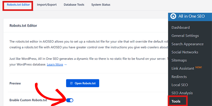 Comutați butonul Activare personalizat Robots.txt