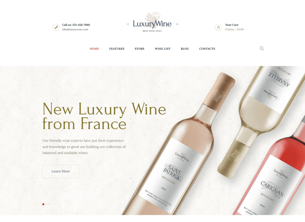 Vin de luxe - Thème WordPress pour magasin d'alcools et vignoble
