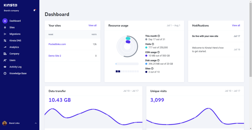 Kinsta Review 2022:比我的舊主機快 10 倍(價值)? 22 Kinsta hosting dashboard