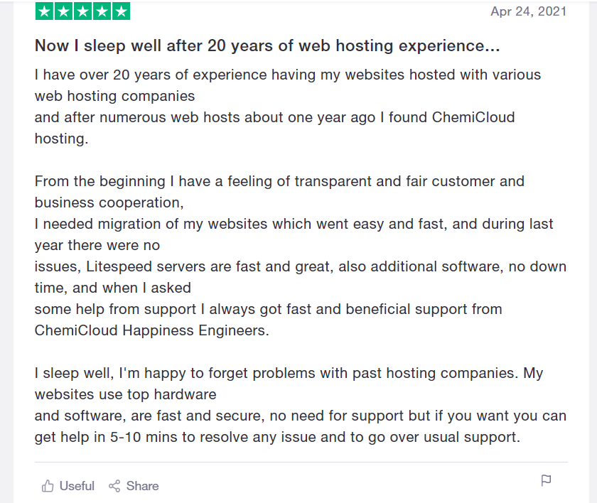 Examen de l'hébergement ChemiCloud - Regard intérieur et statistiques de vitesse (2022) 12 Chemicloud customer review