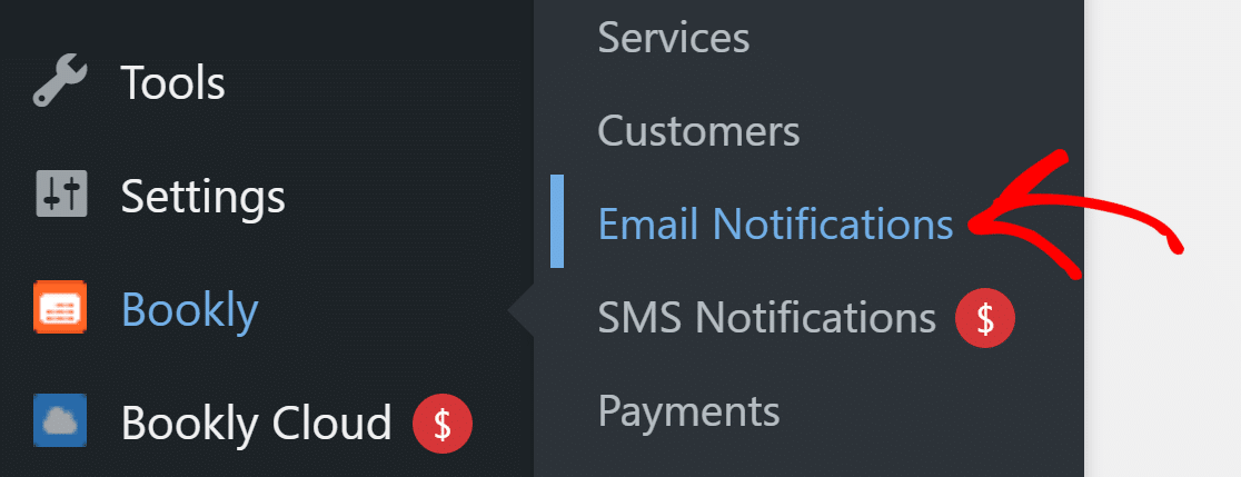 vai a Notifiche e-mail in Bookly - WP Mail SMTP go to Email Notifications in Bookly