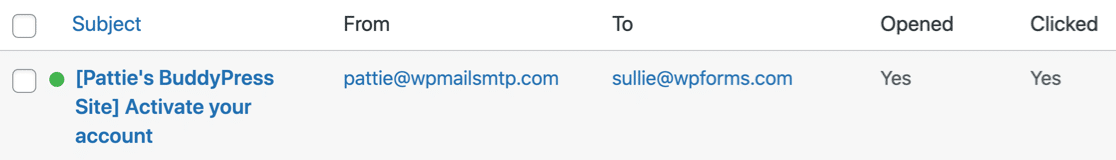 BuddyPress activation email in WordPress email log