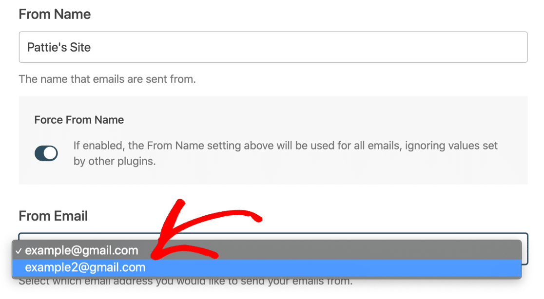 Pilih alias di dropdown wizard penyiapan SMTP WP Mail - WP Mail SMTP Select alias in WP Mail SMTP setup wizard dropdown