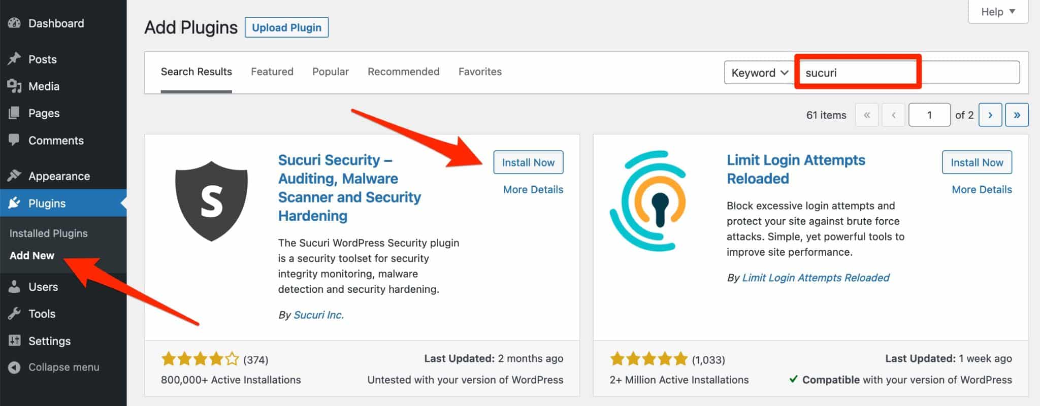 Sucuri poate fi instalat din tabloul de bord WordPress.