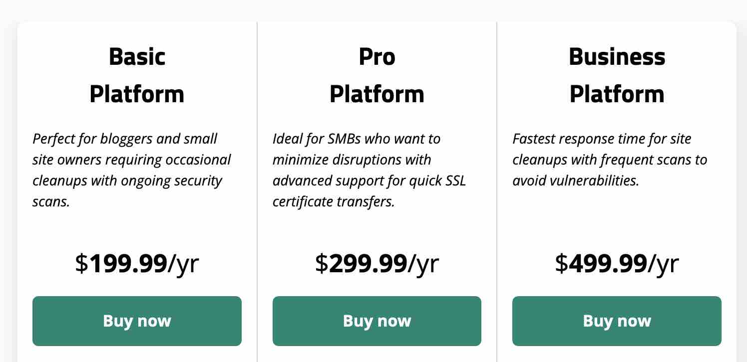 Prețurile platformei de securitate a site-ului Sucuri.