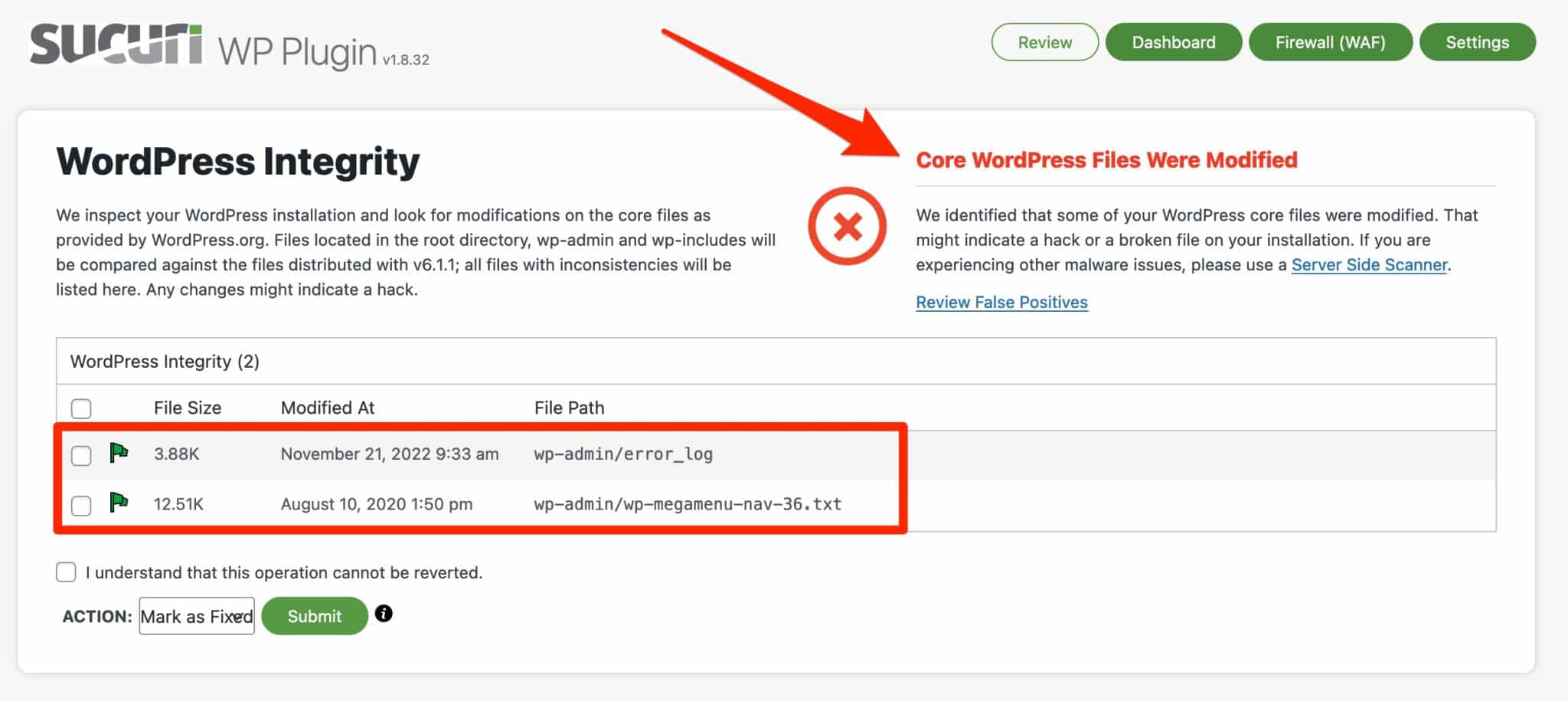 Sucuri vă poate anunța dacă fișierele de bază WordPress au fost editate.