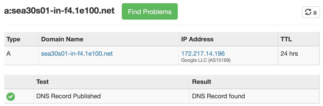 PTR 记录的完整循环反向 DNS 查找的结果 - WP Mail SMTP Result of full circle reverse DNS lookup for PTR record
