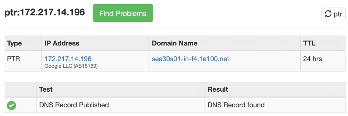 PTR 记录的反向 DNS 查找结果 - WP Mail SMTP Result of reverse DNS lookup for PTR record