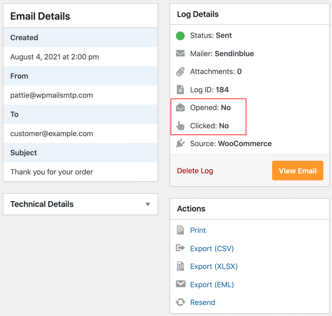 WooCommerce email log open and click tracking