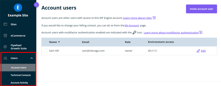 เมนูผู้ใช้ - รีวิว WP Engine