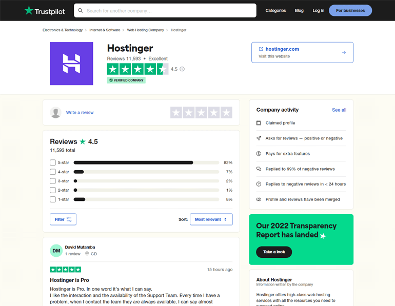مراجعة Hostinger Trustpilot