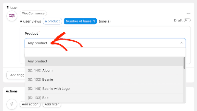 Wählen Sie ein WooCommerce-Produkt aus dem Dropdown-Menü aus