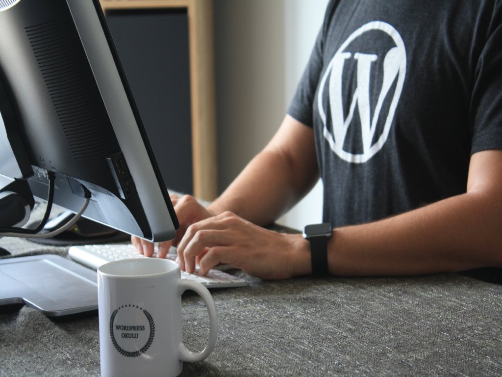 WordPress logosu tişörtü olan adam bir blog yazıyor