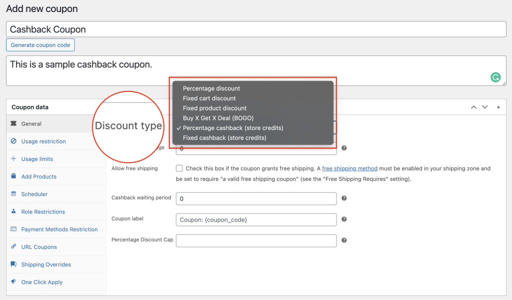 cashback-coupons-discount-type - Zaawansowane kupony Choose the cashback coupon type you plan to offer