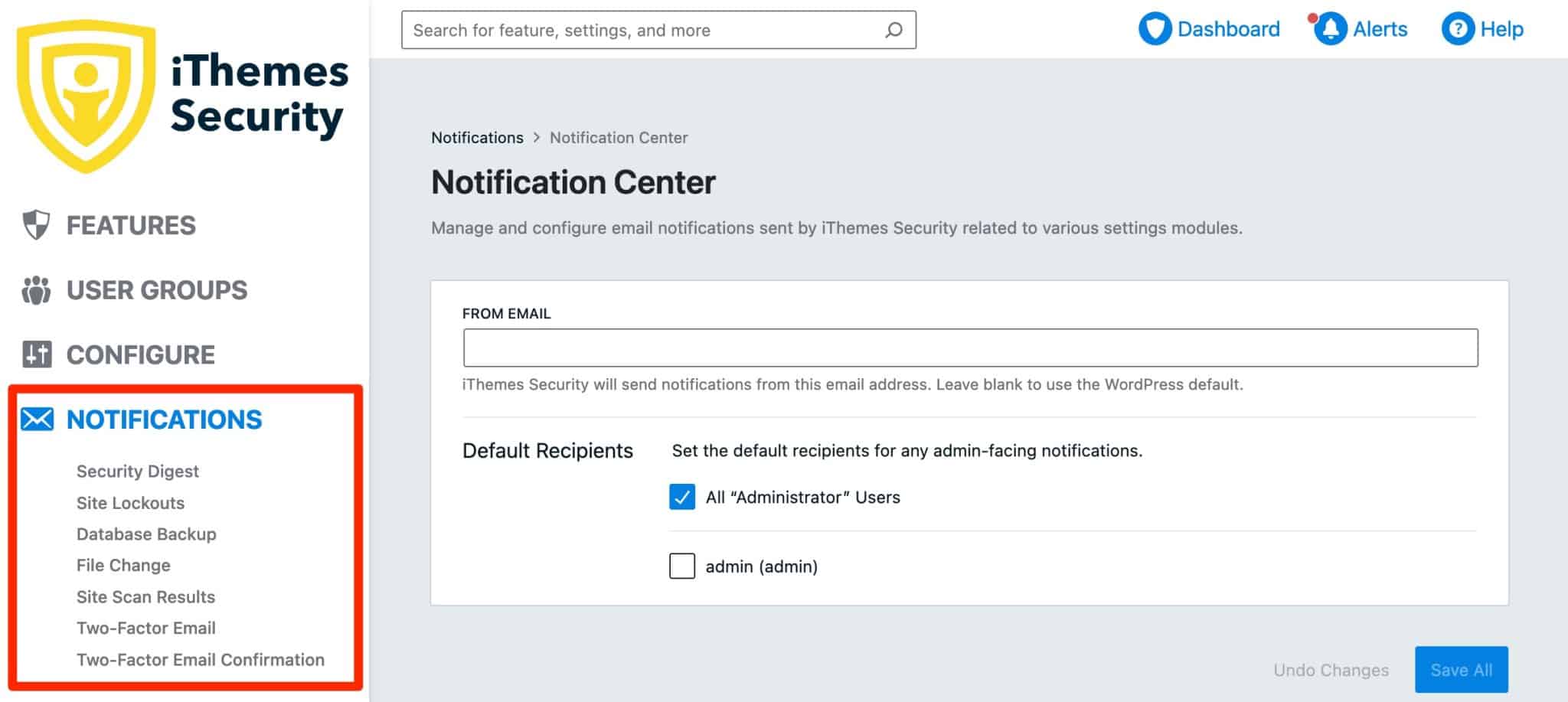 iThemes Impostazioni di notifica di sicurezza.