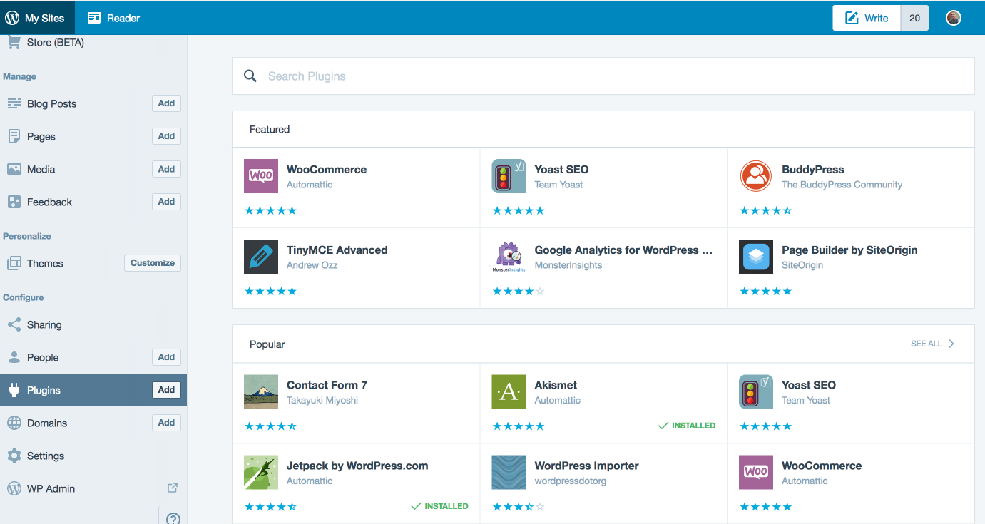 Adăugarea de pluginuri pe WordPress.com prin interfața Calypso