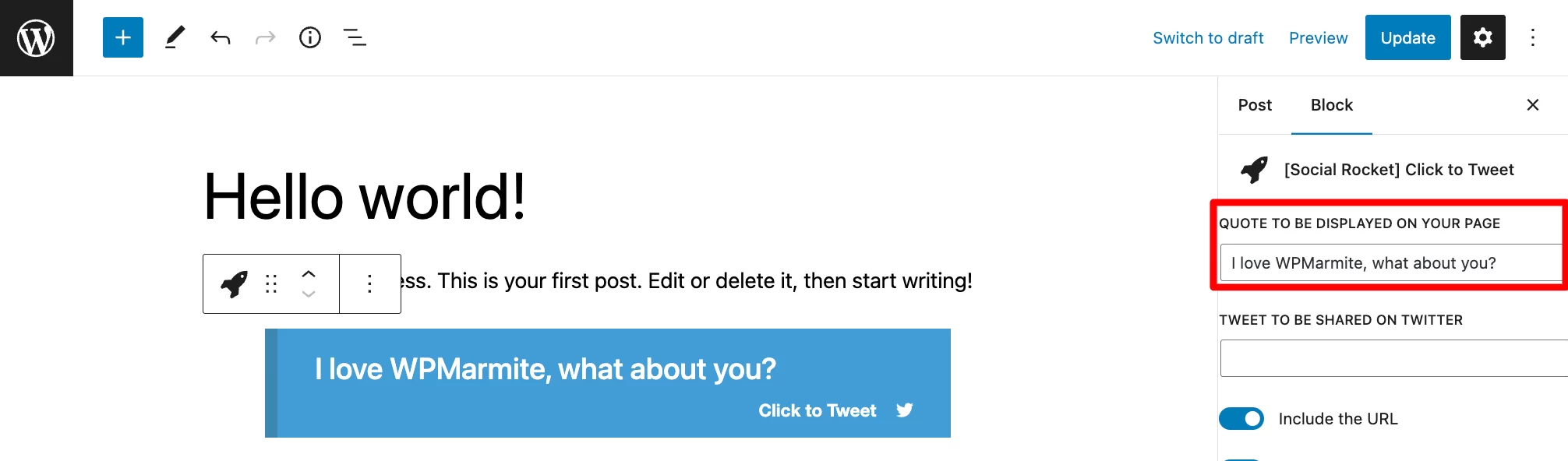 Blocul Click pentru a Tweet al Social Rocket.