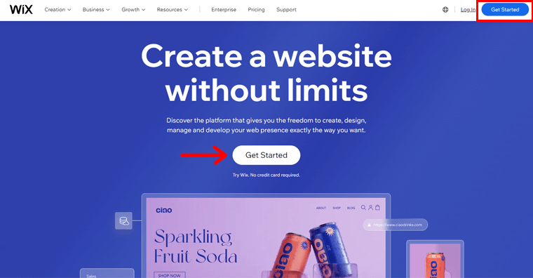 Faceți clic pe opțiunea Începeți pentru a crea un site web cu Wix