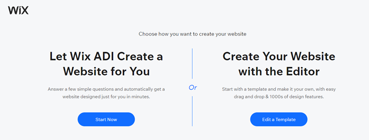 Opțiuni de creare a site-ului Wix