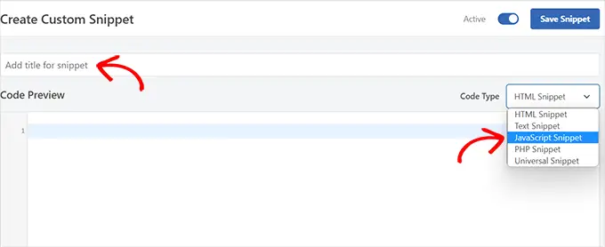 Выберите JavaScript в качестве типа кода
