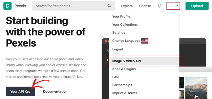 Pilih 'Gambar & Video API' Dari Menu Pengguna Kemudian Klik Tombol 'Kunci API Anda'