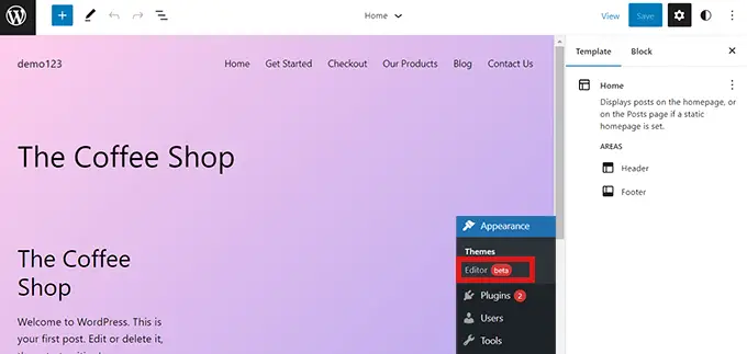 Buka editor situs lengkap dari dasbor WordPress