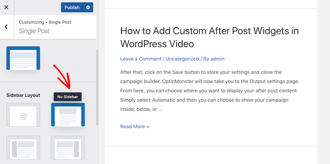 การลบแถบด้านข้างโดยใช้ WordPress Customizer