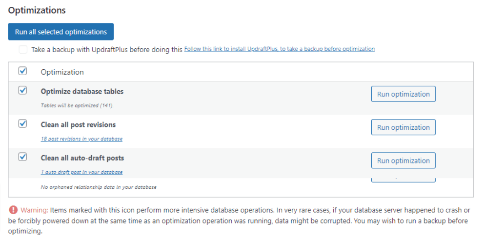 wp optimize database optimization